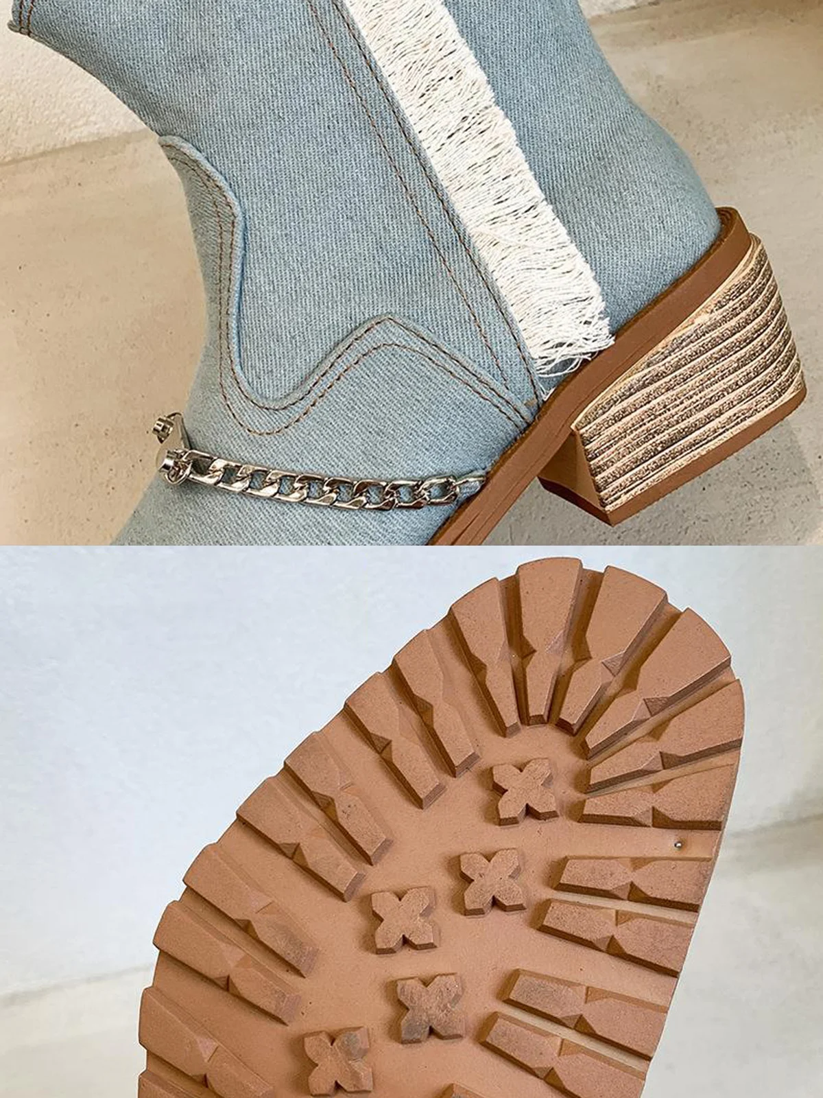 Denim Panel Fringed Western Cowboy Boots with Chain