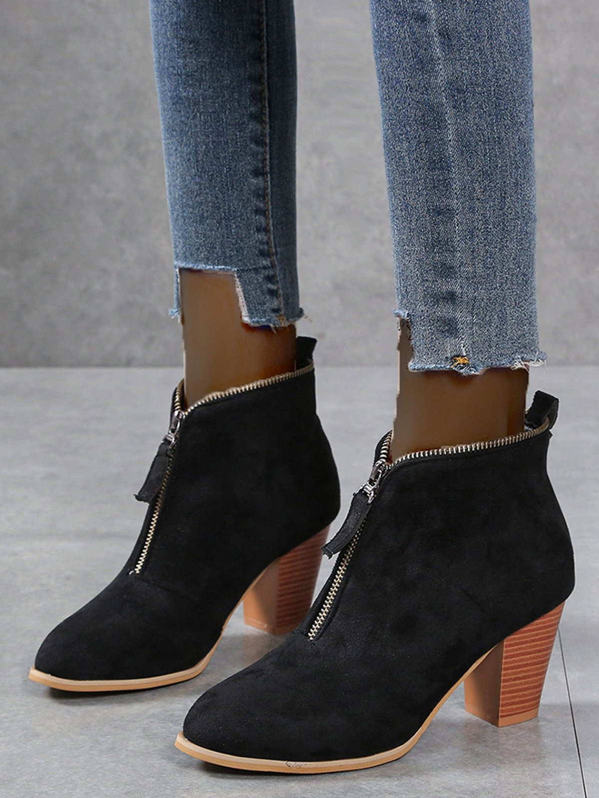 Leopard Print Plain Faux Leather Chunky Heel Boots