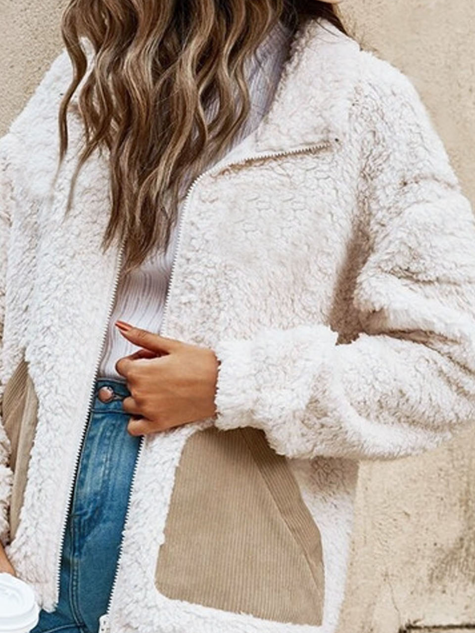 Shawl Collar Color Block Loose Fluff/Granular Fleece Fabric Teddy Jacket