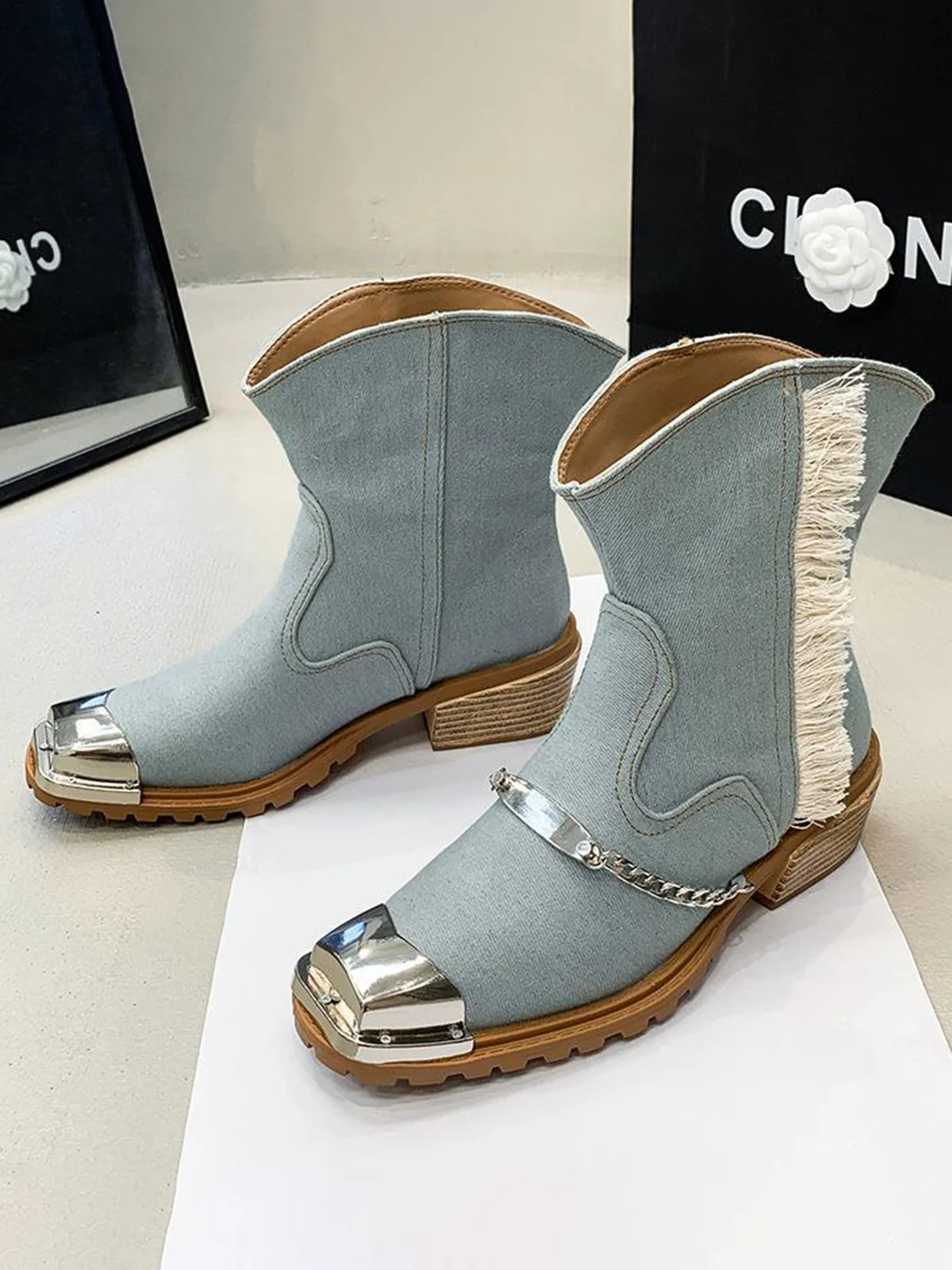 Denim Panel Fringed Western Cowboy Boots with Chain