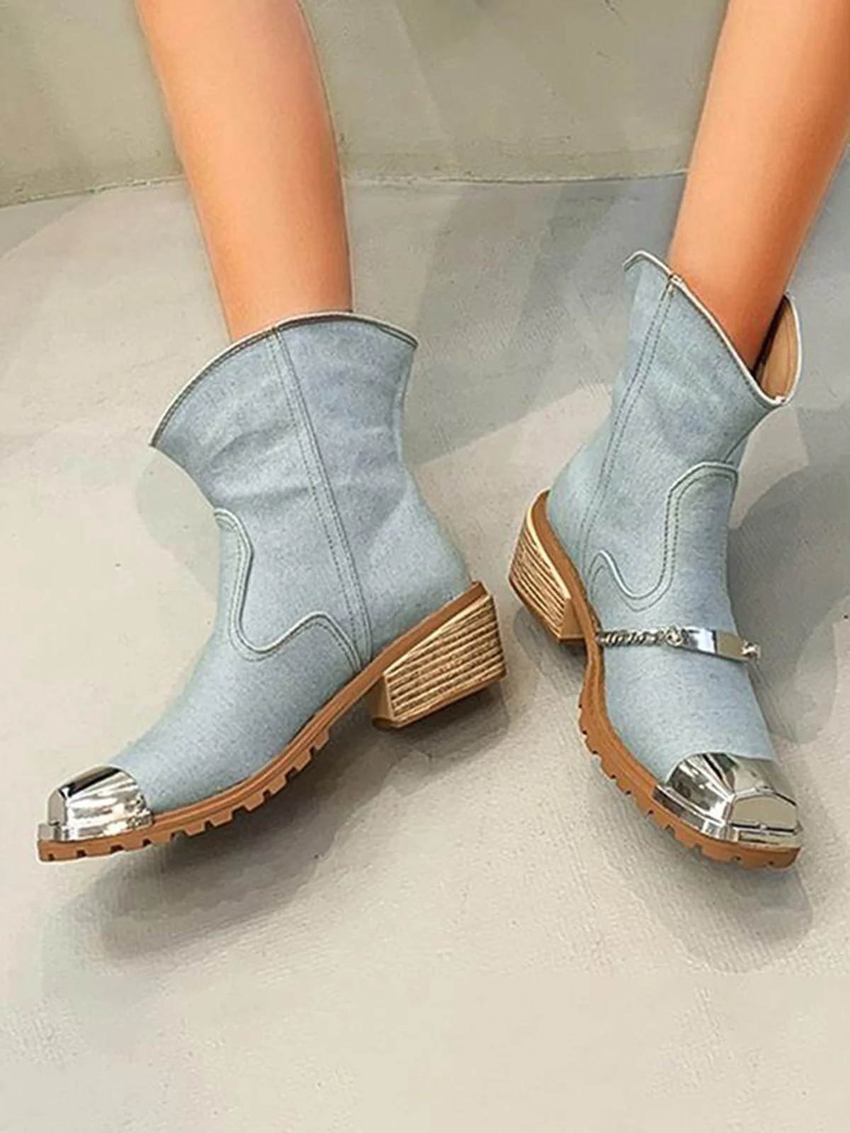 Denim Panel Fringed Western Cowboy Boots with Chain