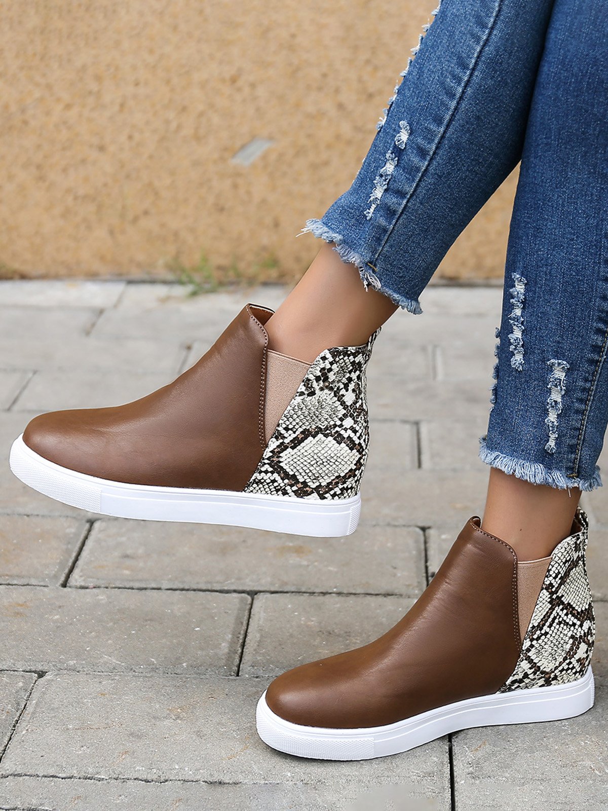 Snake Print Stitching Casual Inner Heightening Ankle Boots