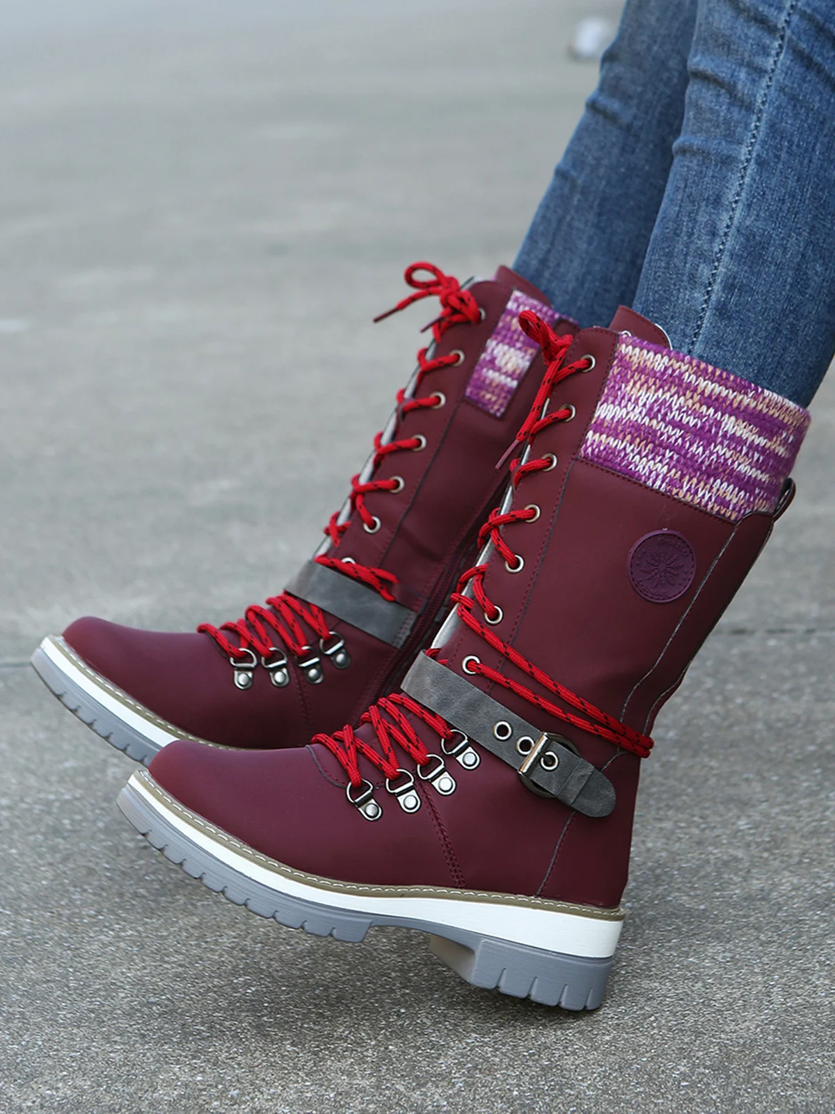 KNIT WOOL PANEL BUCKLE LACES Casual Hiking Boots