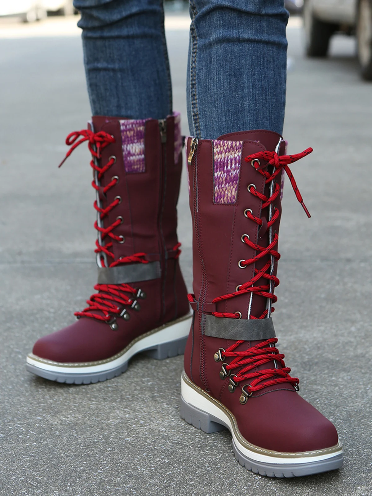 KNIT WOOL PANEL BUCKLE LACES Casual Hiking Boots
