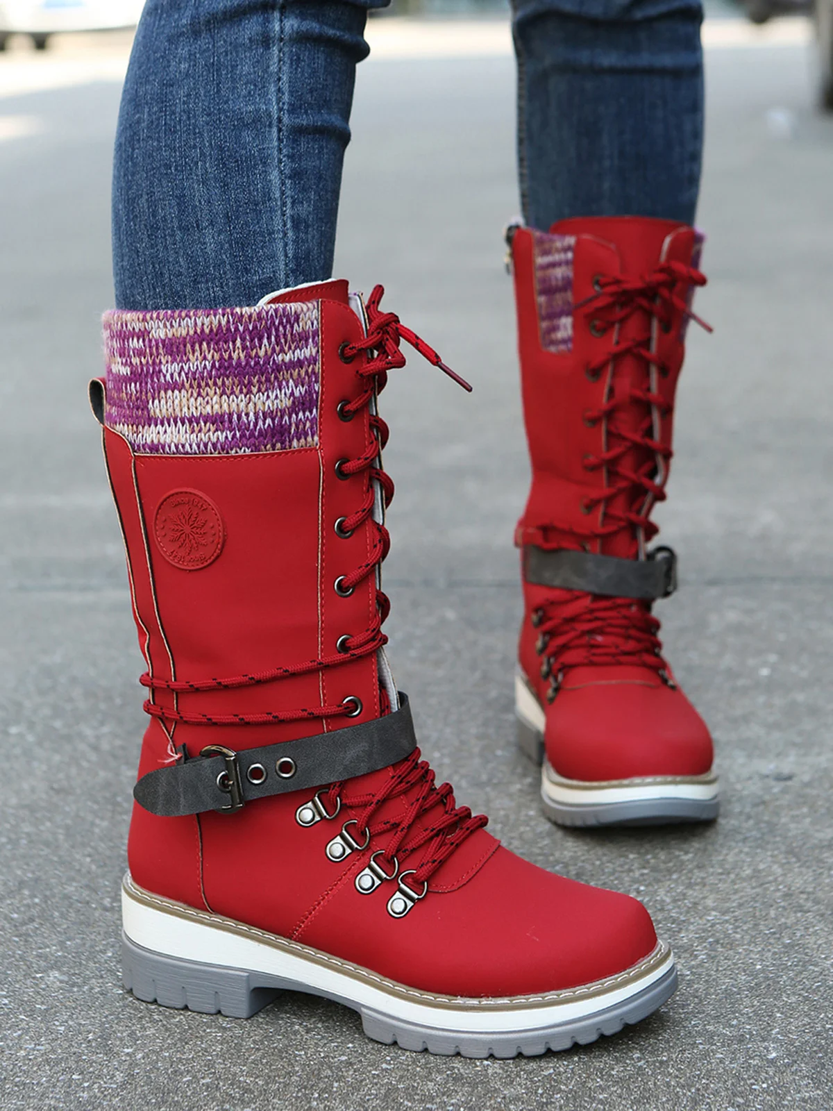KNIT WOOL PANEL BUCKLE LACES Casual Hiking Boots