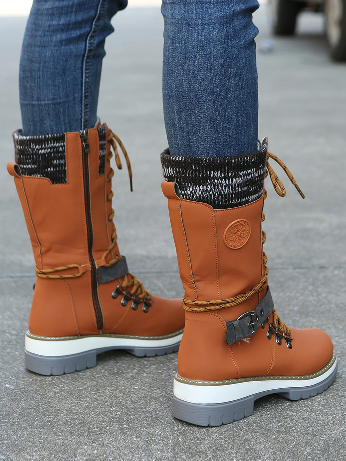 KNIT WOOL PANEL BUCKLE LACES Casual Hiking Boots