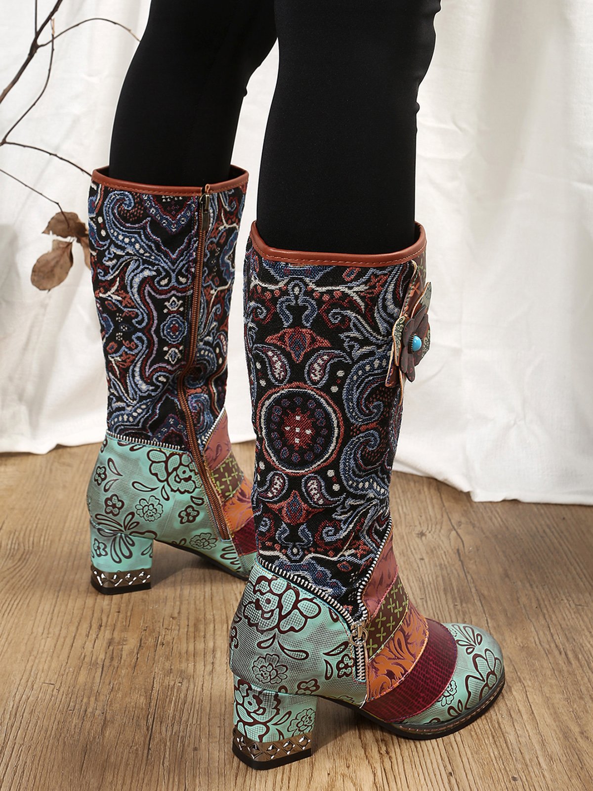 Vintage Ethnic Patchwork Floral Chunky Heel Boots