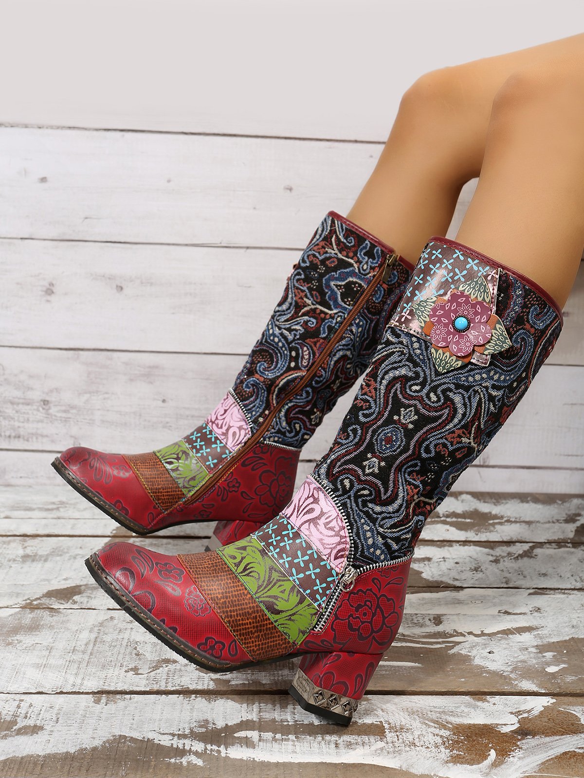 Vintage Ethnic Patchwork Floral Chunky Heel Boots