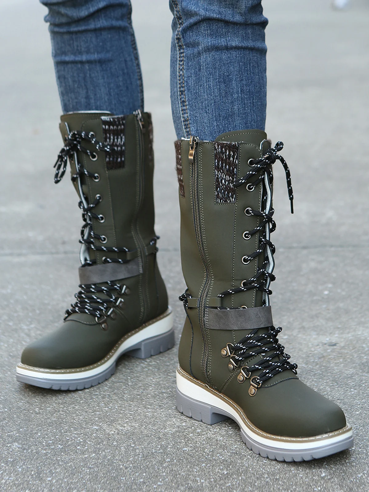 KNIT WOOL PANEL BUCKLE LACES Casual Hiking Boots