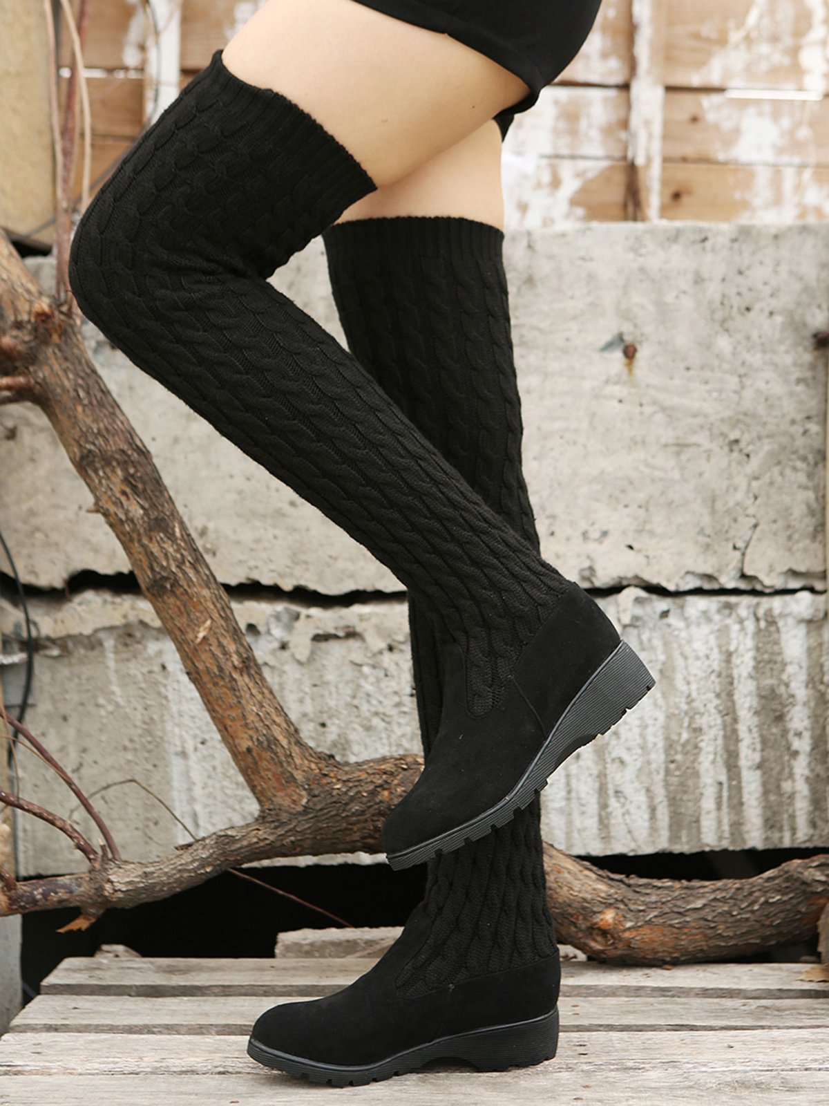 Vintage Warm Wool Stitching Wedge Over Knee Sock Boots