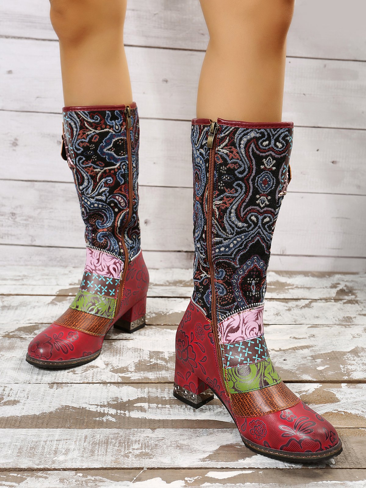 Vintage Ethnic Patchwork Floral Chunky Heel Boots
