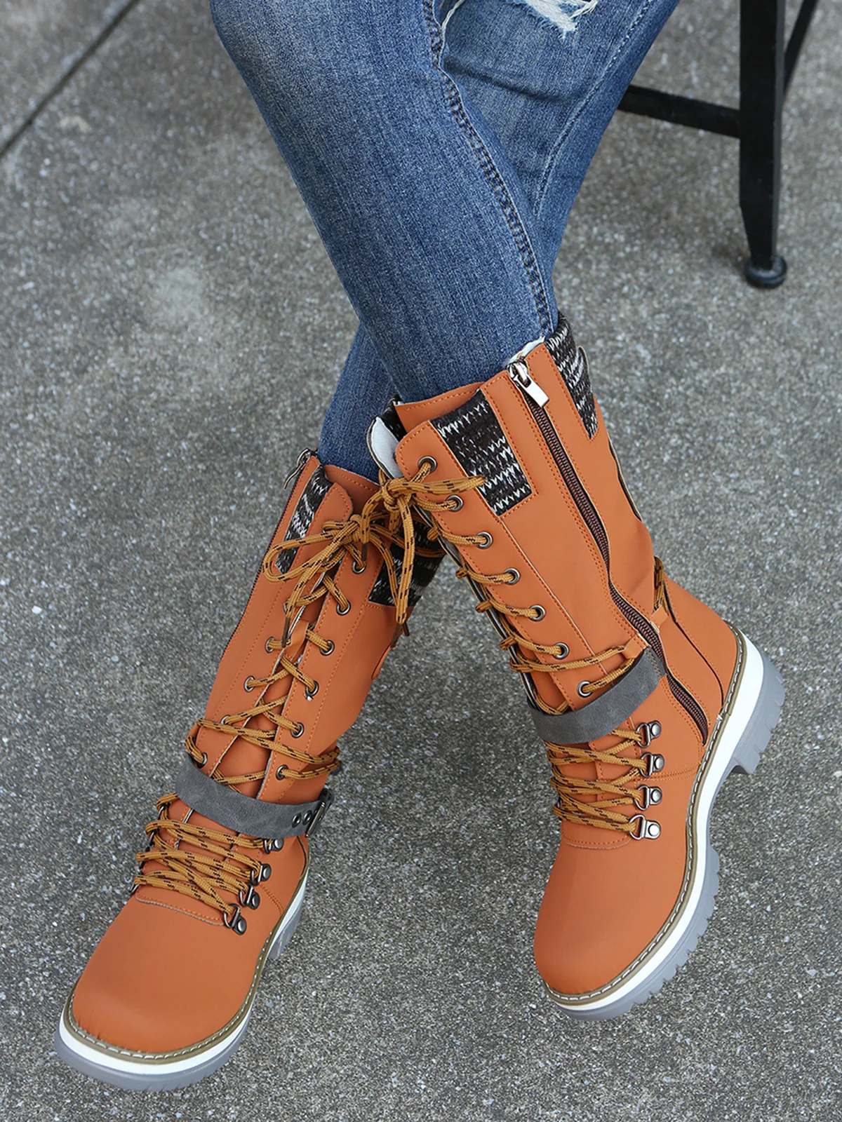 KNIT WOOL PANEL BUCKLE LACES Casual Hiking Boots