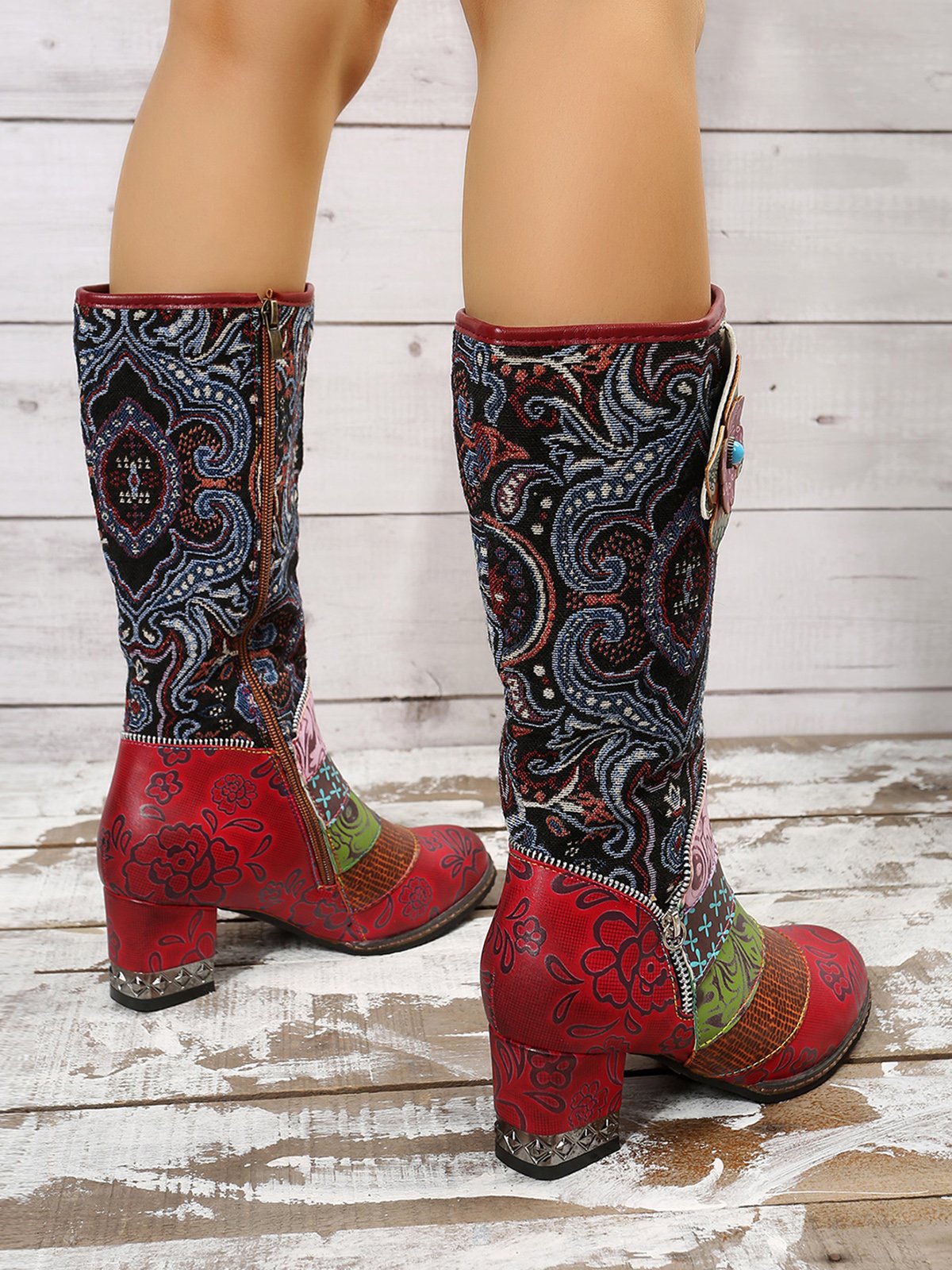 Vintage Ethnic Patchwork Floral Chunky Heel Boots