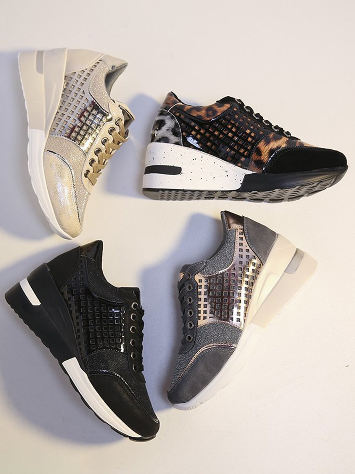 Leopard Gold Solid Color Cutout Mesh Casual Sneakers