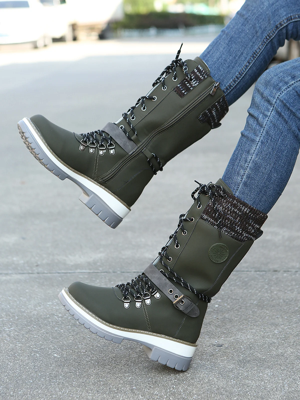 KNIT WOOL PANEL BUCKLE LACES Casual Hiking Boots