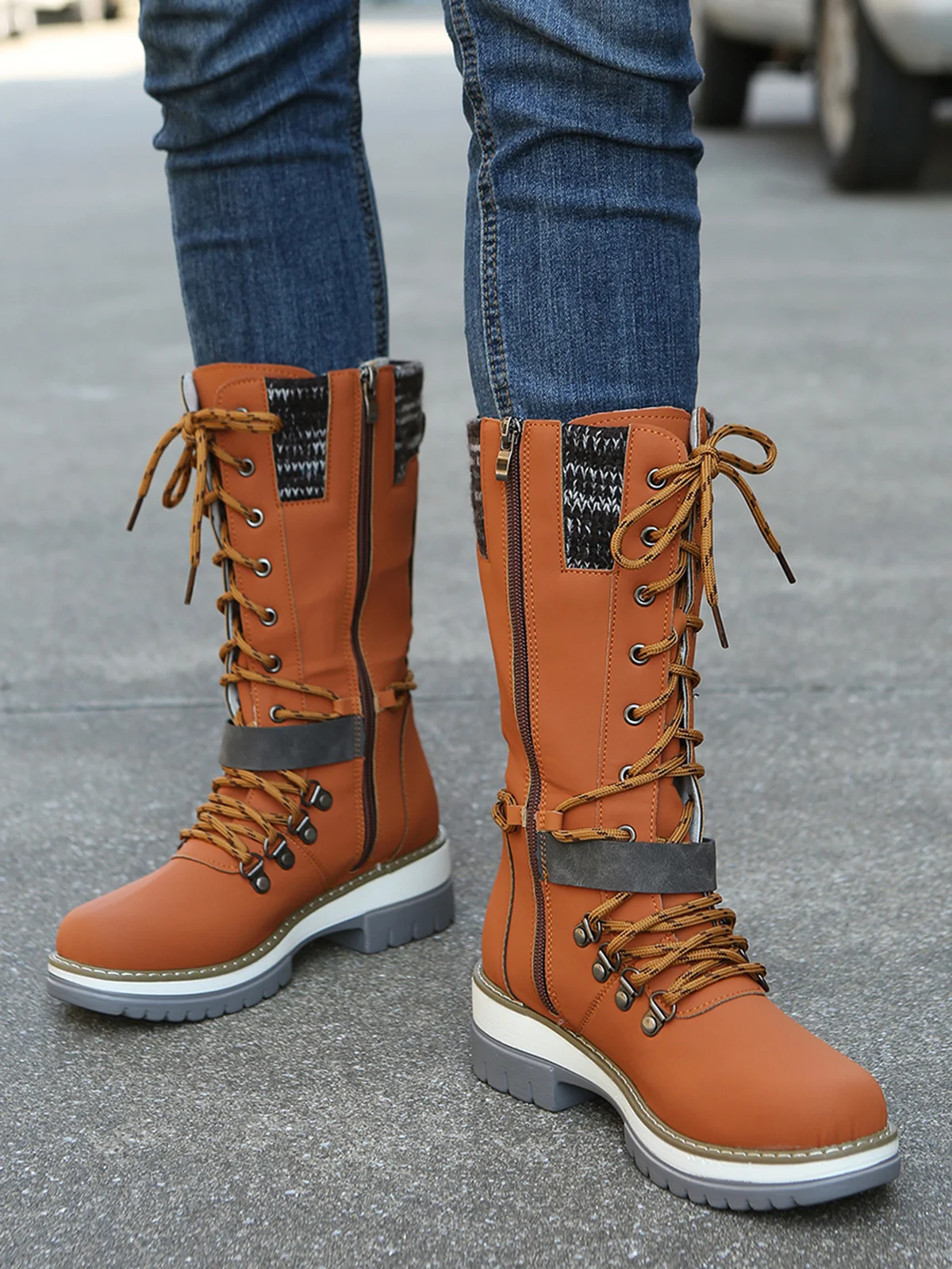 KNIT WOOL PANEL BUCKLE LACES Casual Hiking Boots