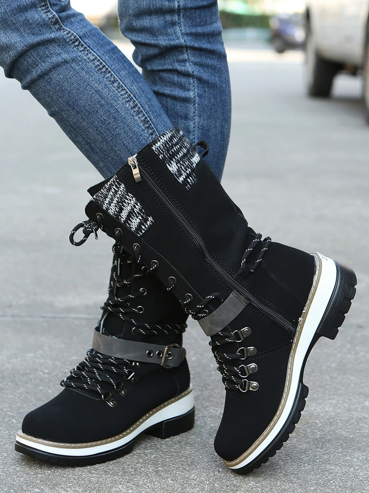 KNIT WOOL PANEL BUCKLE LACES Casual Hiking Boots