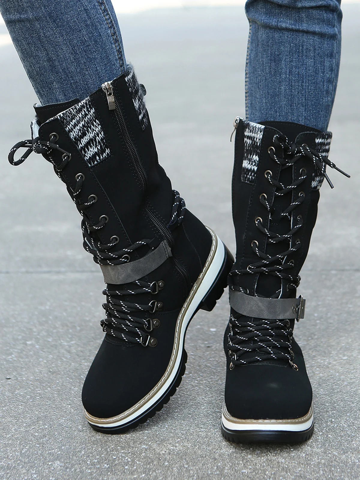 KNIT WOOL PANEL BUCKLE LACES Casual Hiking Boots