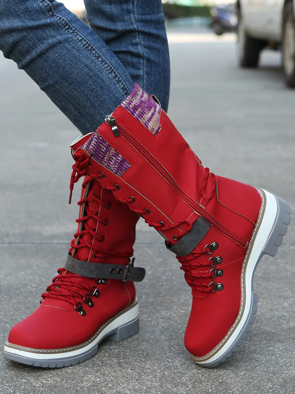 KNIT WOOL PANEL BUCKLE LACES Casual Hiking Boots