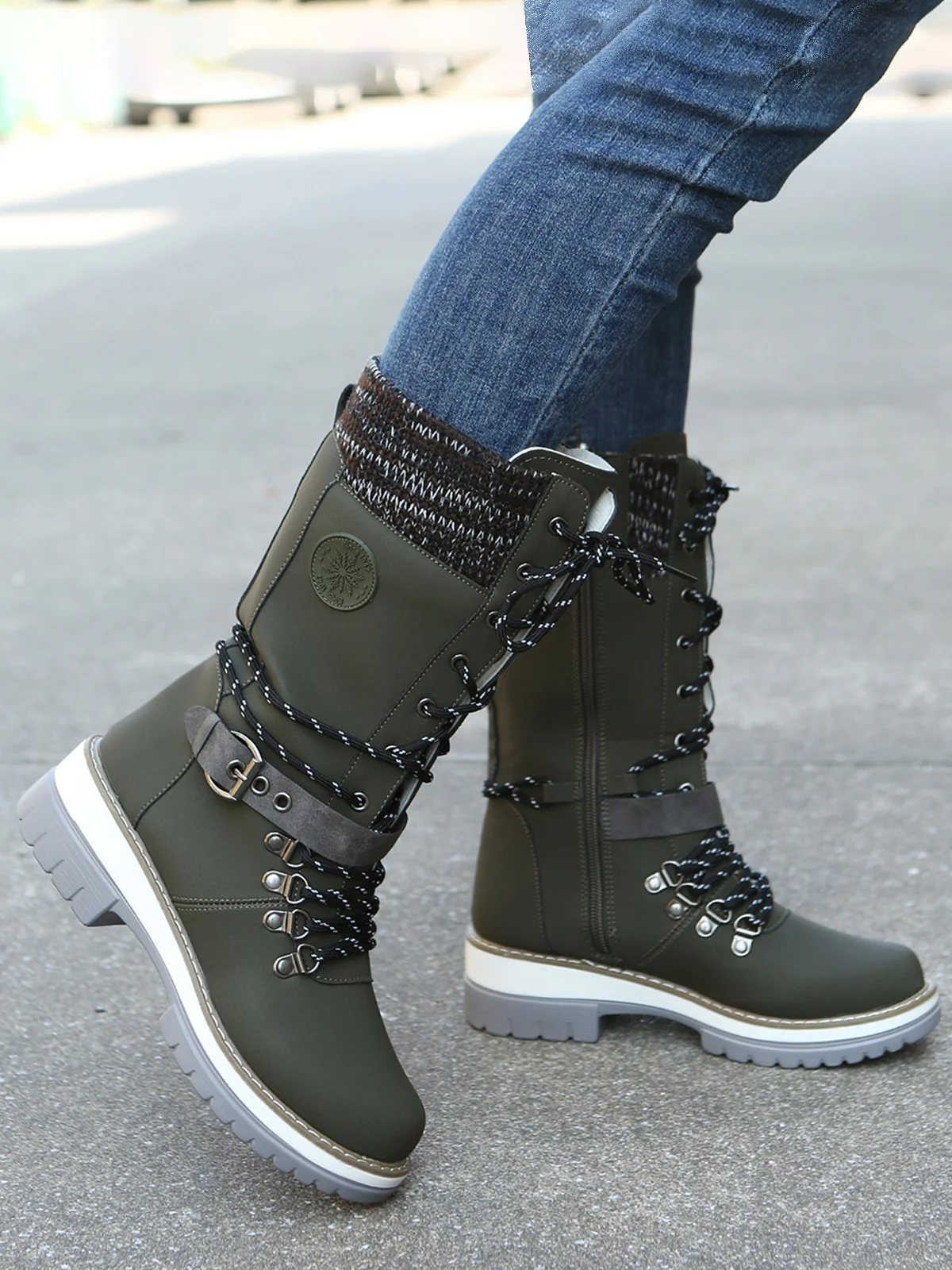 KNIT WOOL PANEL BUCKLE LACES Casual Hiking Boots