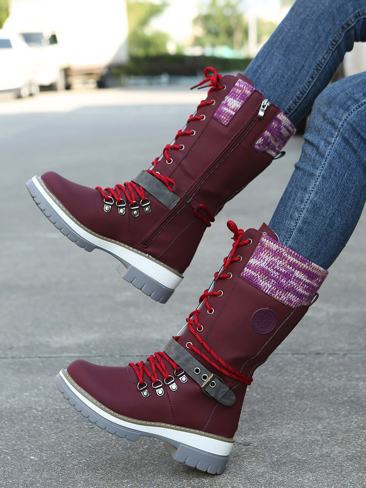 KNIT WOOL PANEL BUCKLE LACES Casual Hiking Boots
