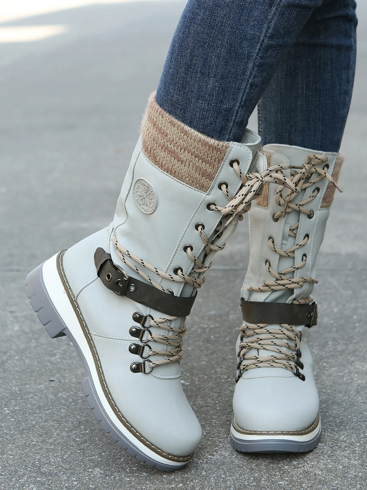 KNIT WOOL PANEL BUCKLE LACES Casual Hiking Boots