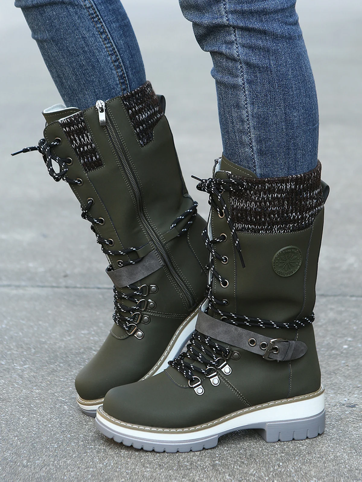 KNIT WOOL PANEL BUCKLE LACES Casual Hiking Boots