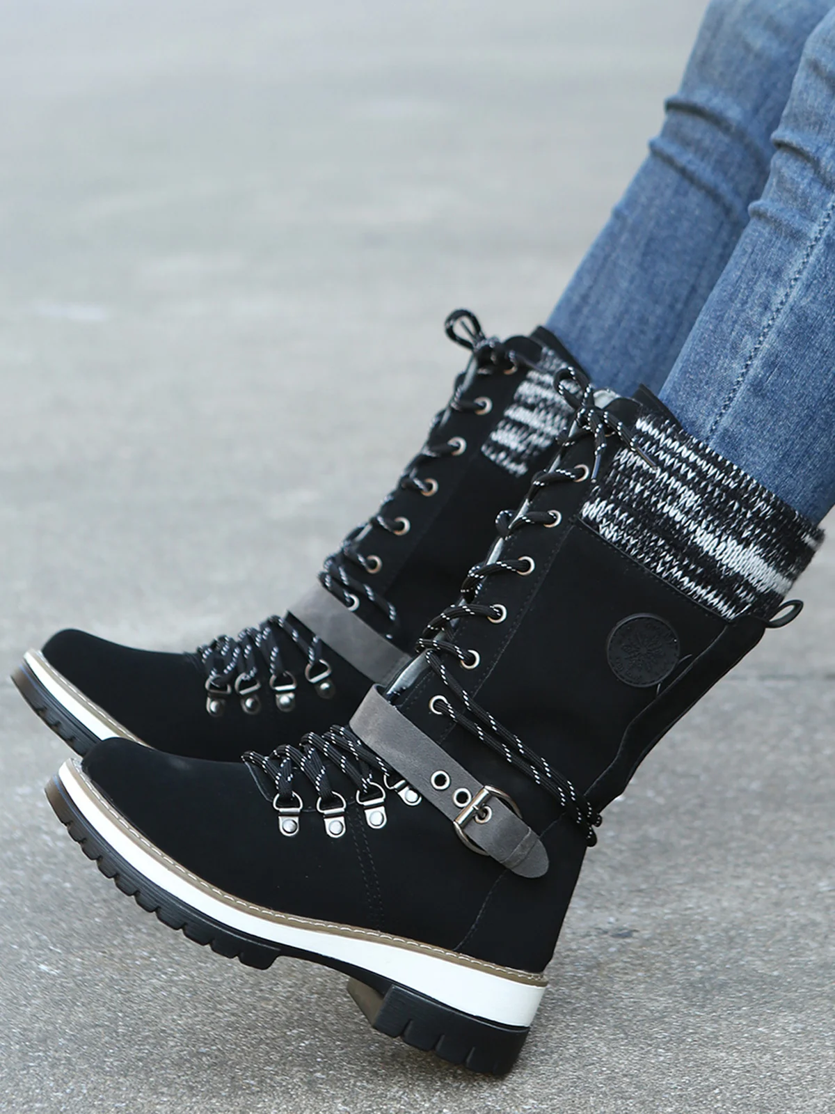 KNIT WOOL PANEL BUCKLE LACES Casual Hiking Boots