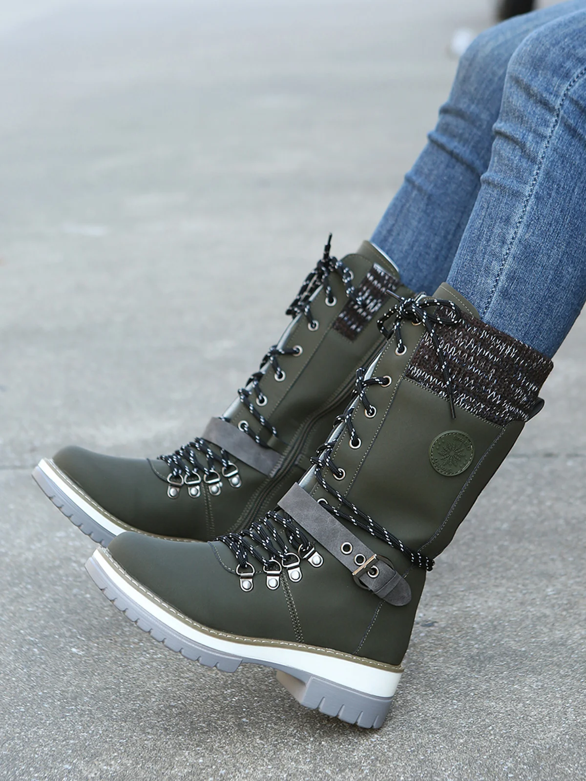 KNIT WOOL PANEL BUCKLE LACES Casual Hiking Boots