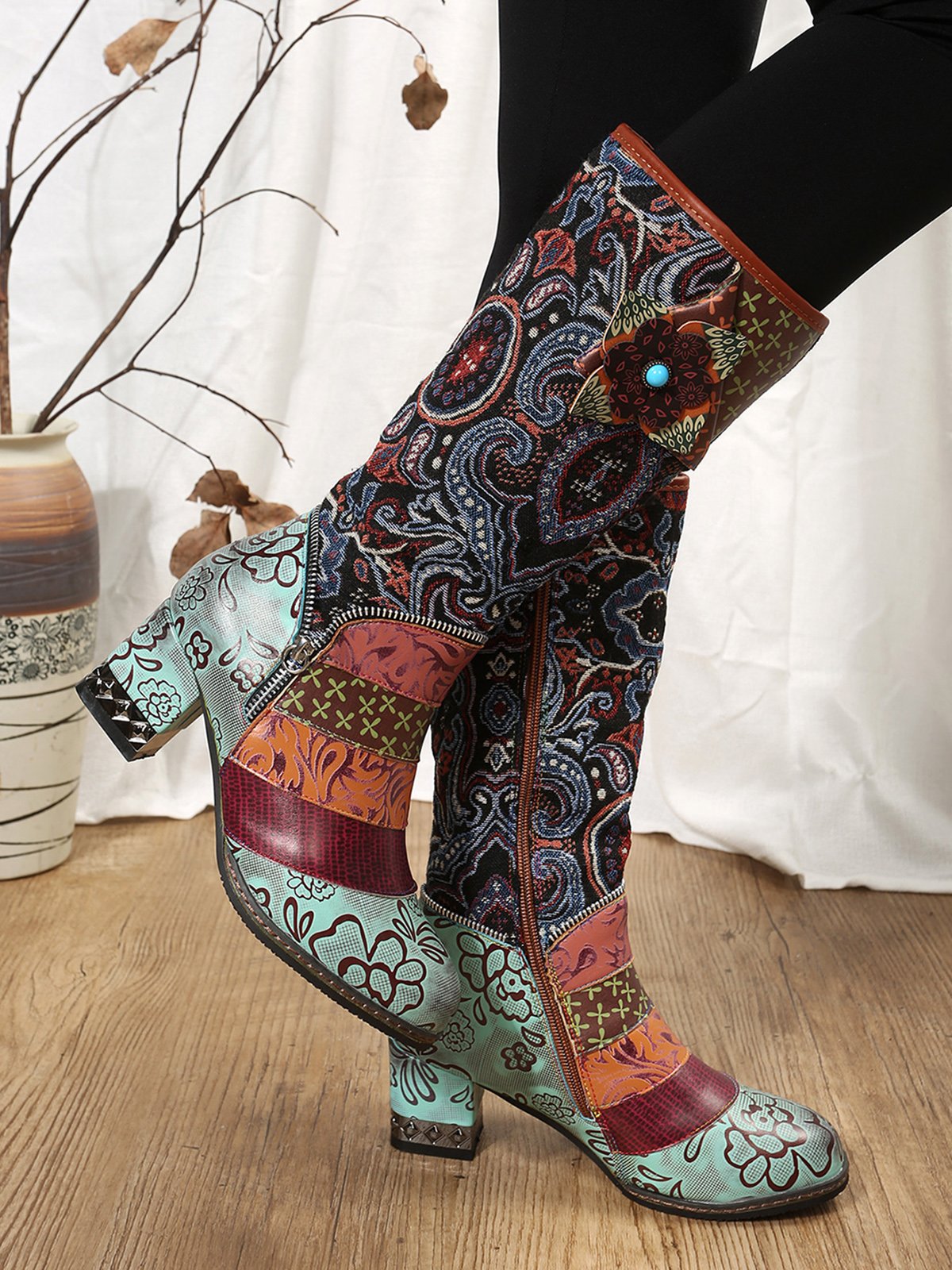 Vintage Ethnic Patchwork Floral Chunky Heel Boots
