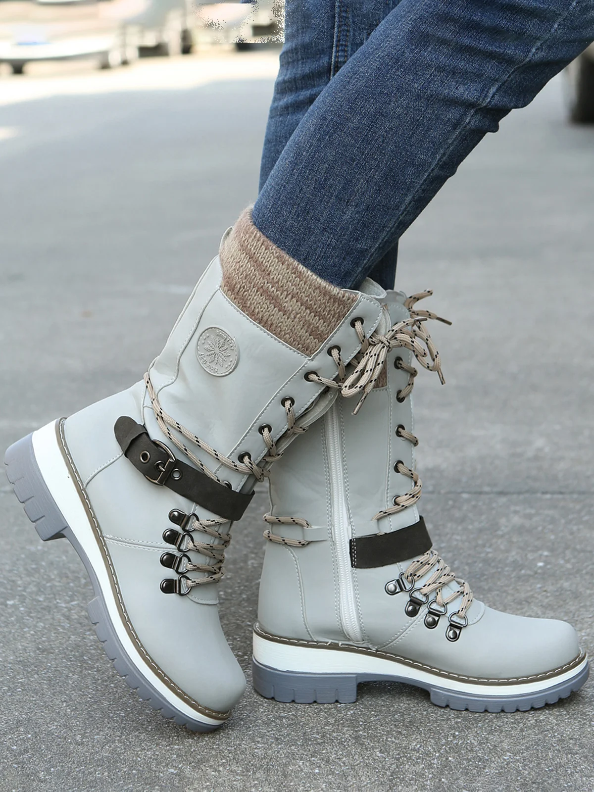 KNIT WOOL PANEL BUCKLE LACES Casual Hiking Boots
