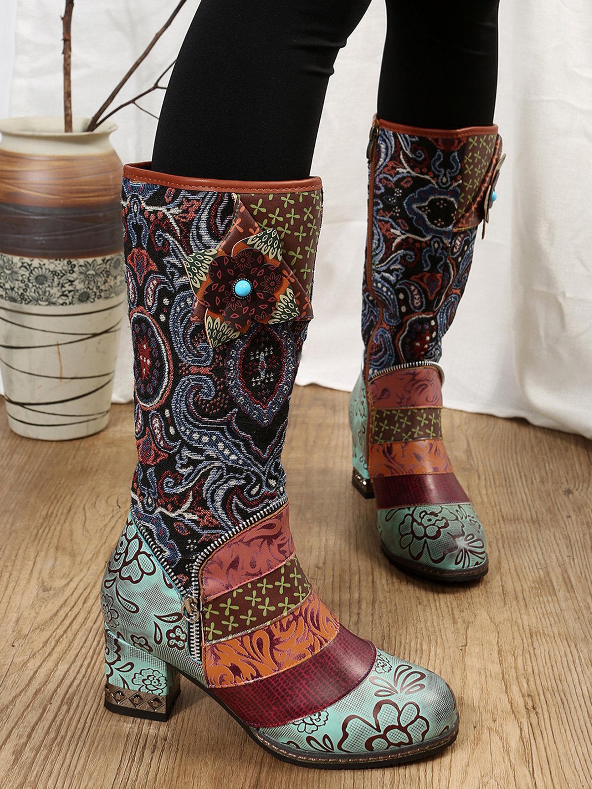 Vintage Ethnic Patchwork Floral Chunky Heel Boots