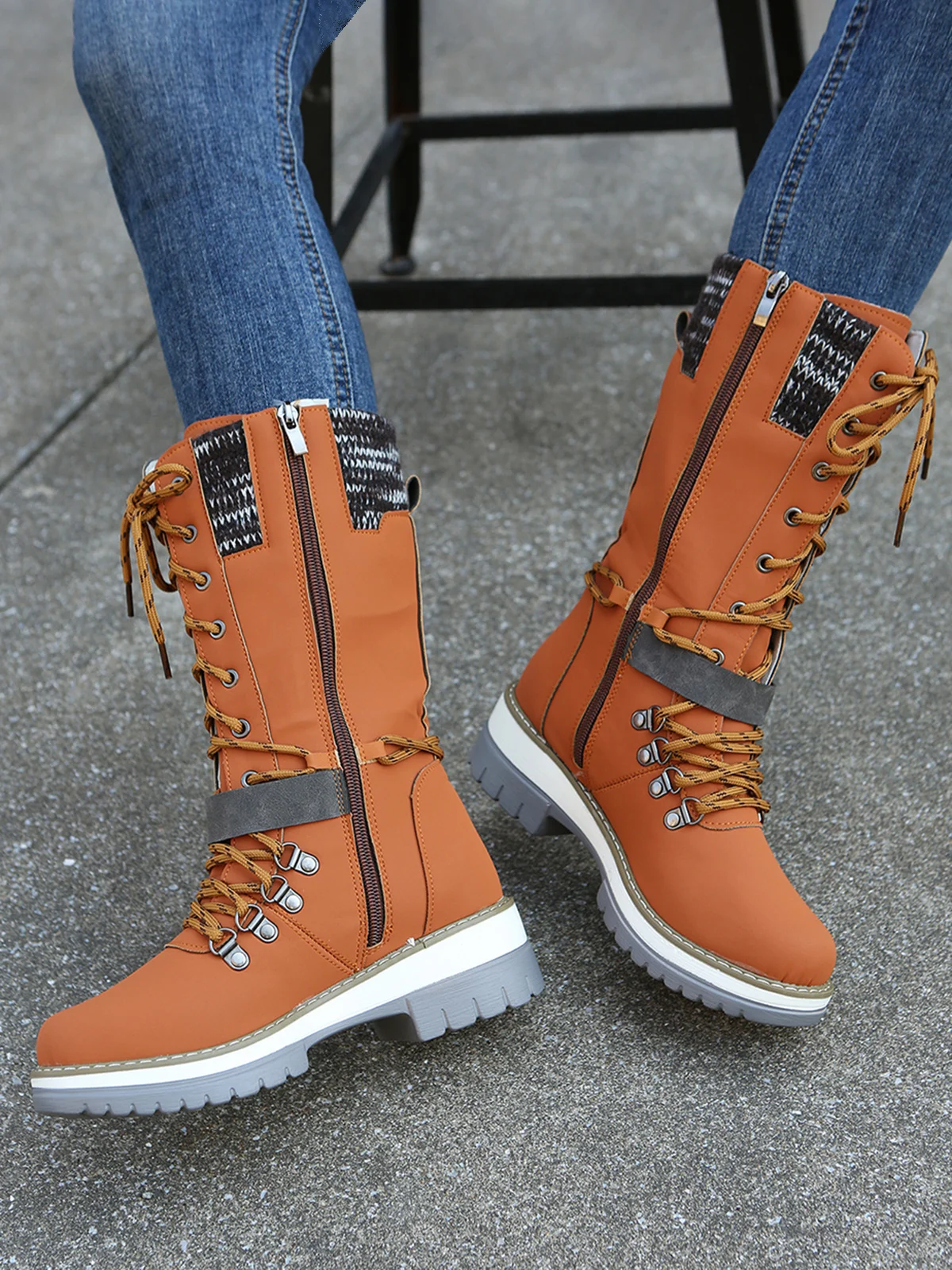 KNIT WOOL PANEL BUCKLE LACES Casual Hiking Boots