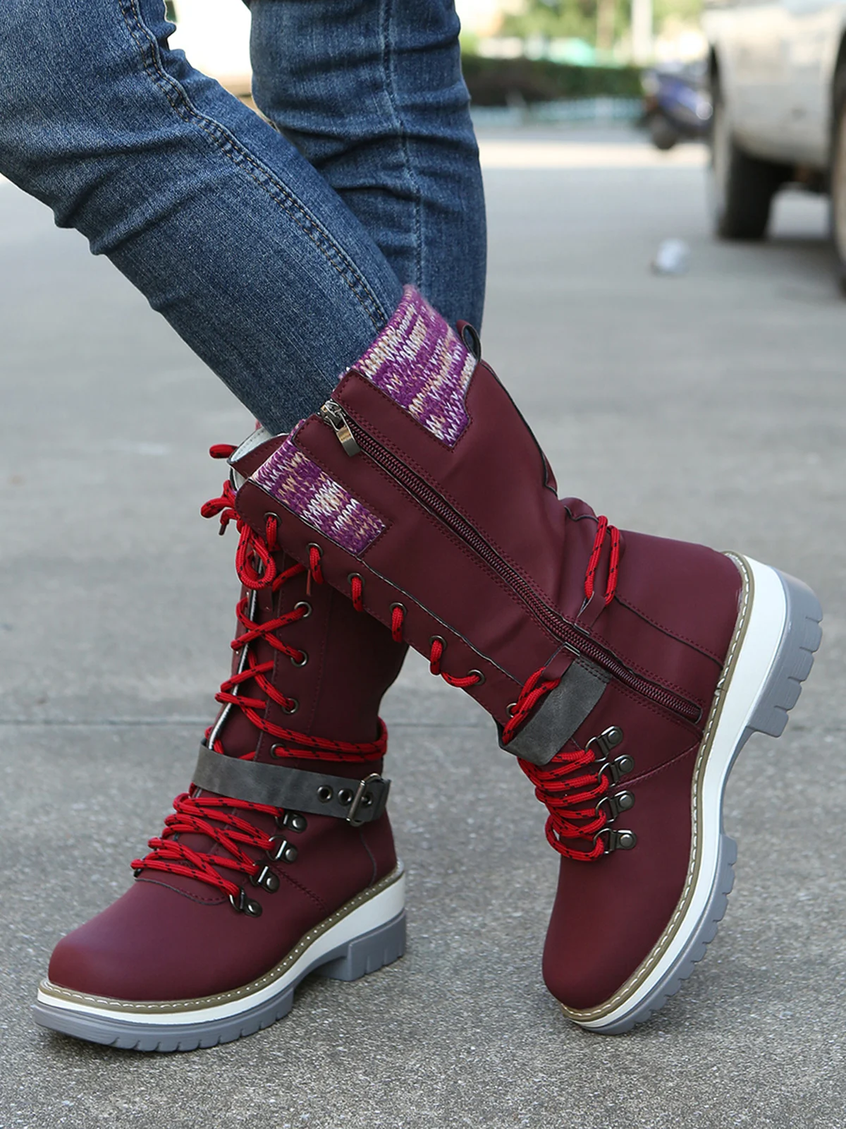 KNIT WOOL PANEL BUCKLE LACES Casual Hiking Boots