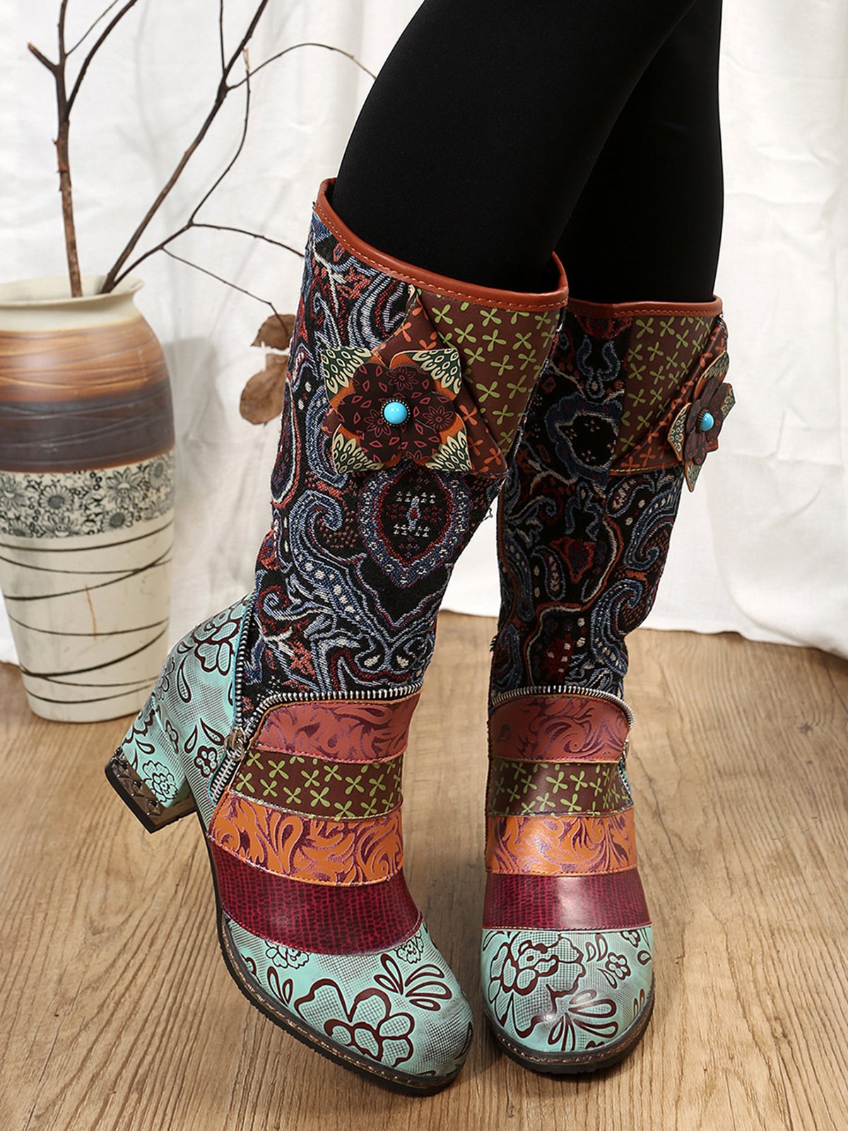 Vintage Ethnic Patchwork Floral Chunky Heel Boots
