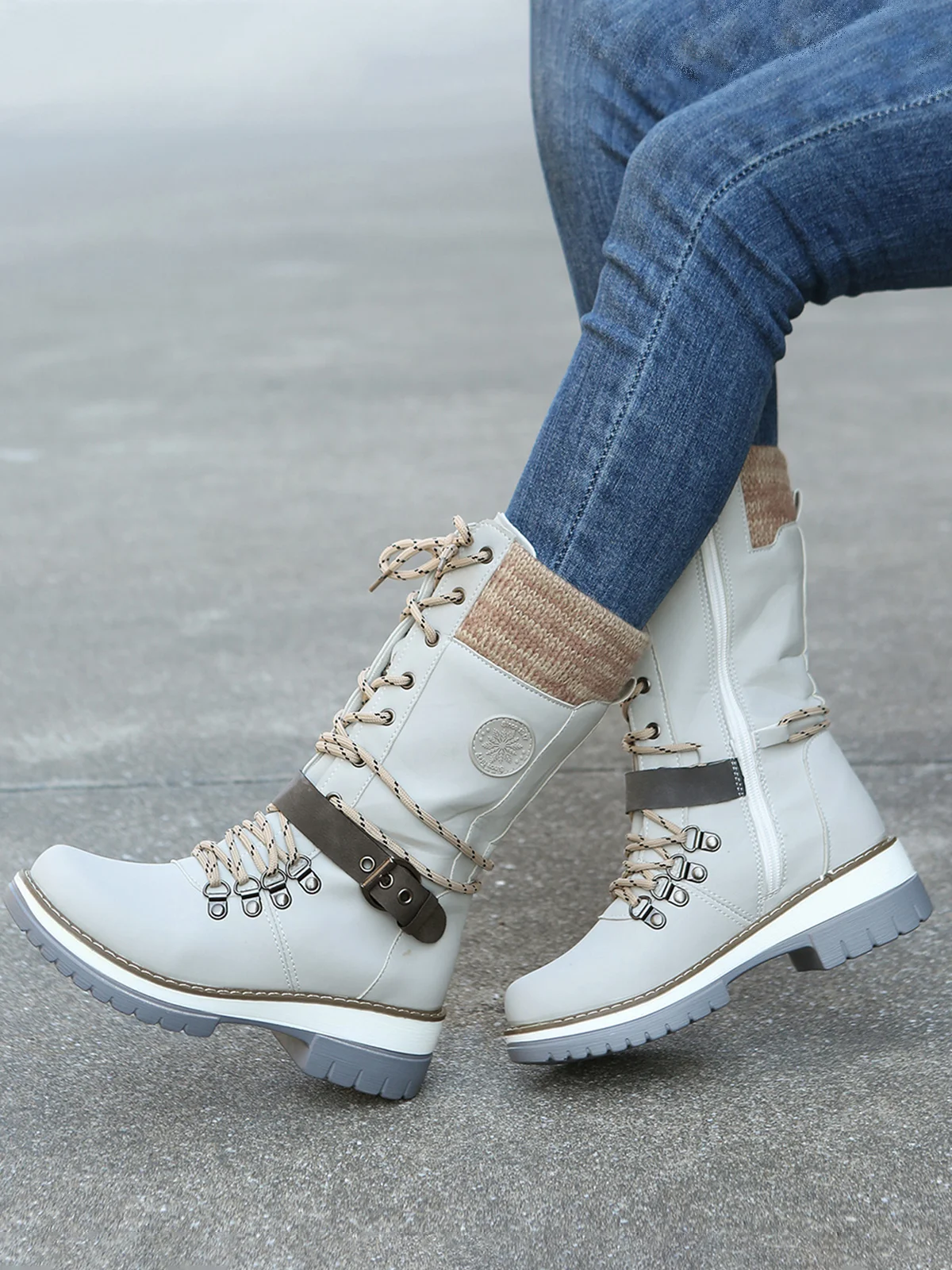 KNIT WOOL PANEL BUCKLE LACES Casual Hiking Boots