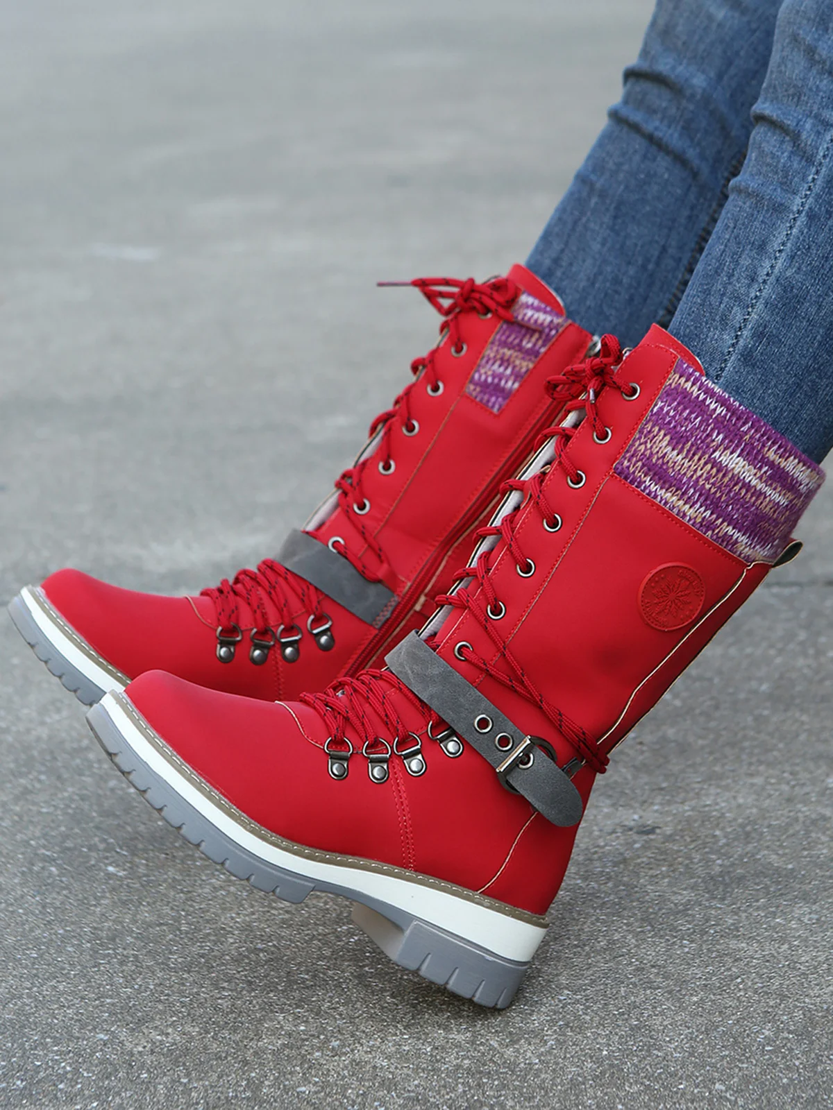 KNIT WOOL PANEL BUCKLE LACES Casual Hiking Boots