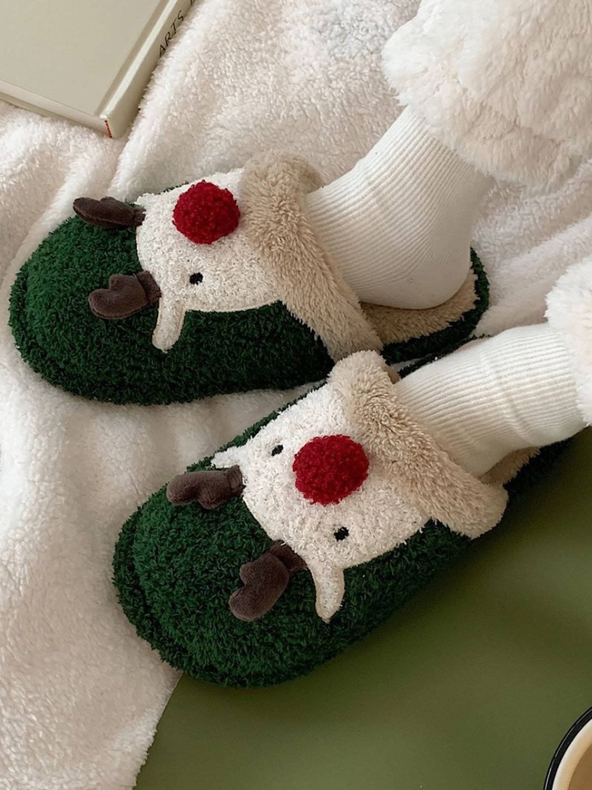 Christmas Elk Color Block Furry Slippers