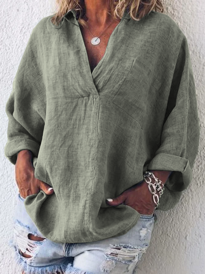Casual V Neck Solid Blouses