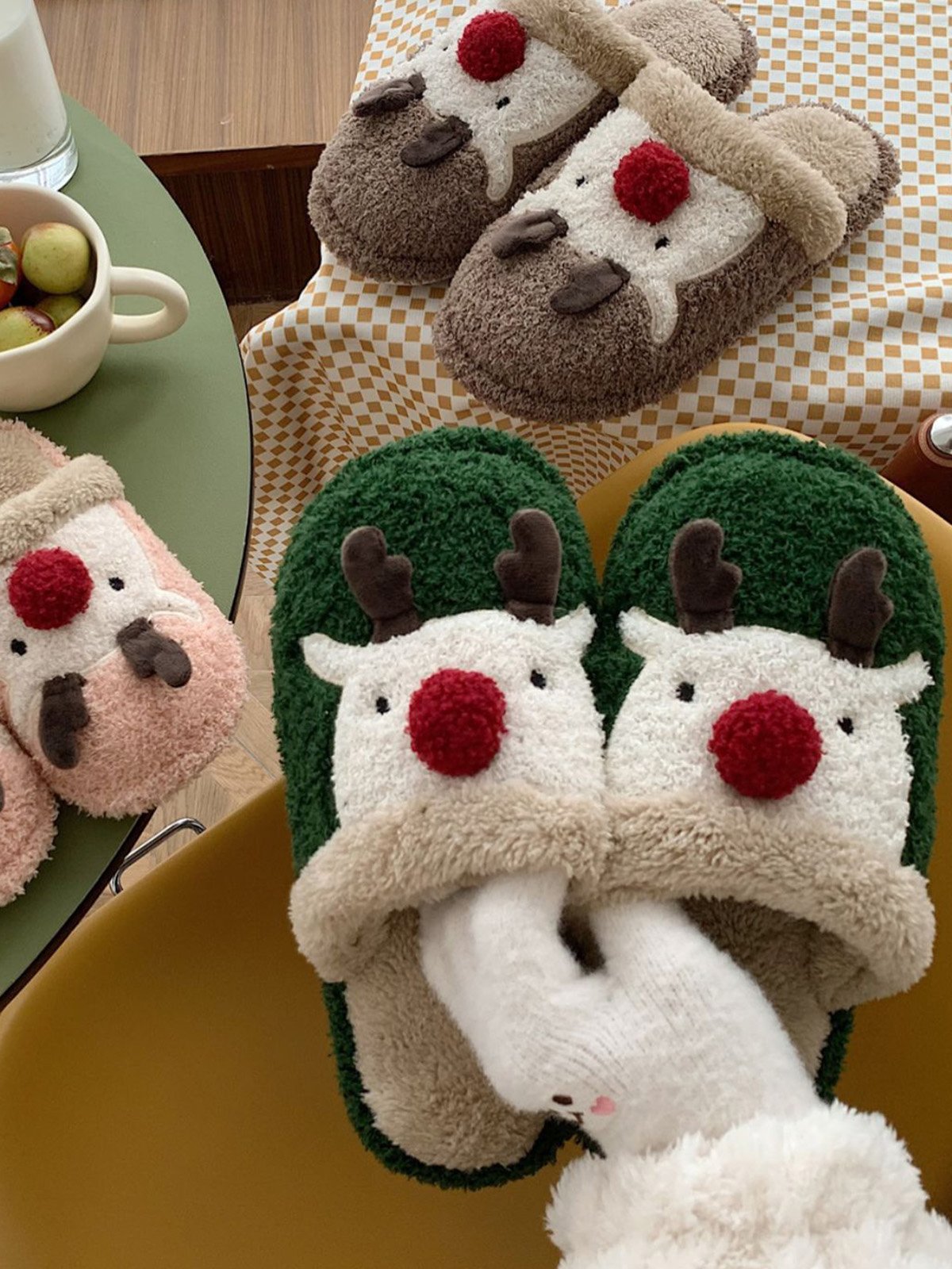 Christmas Elk Color Block Furry Slippers