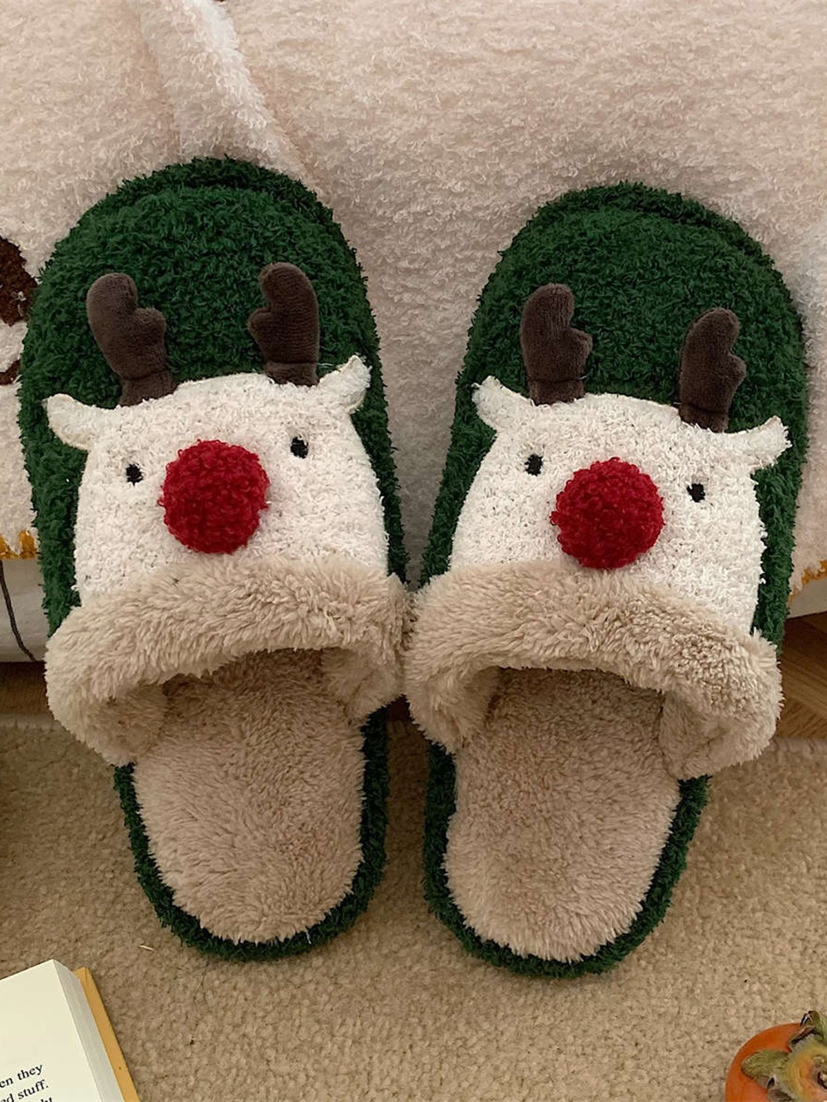 Christmas Elk Color Block Furry Slippers
