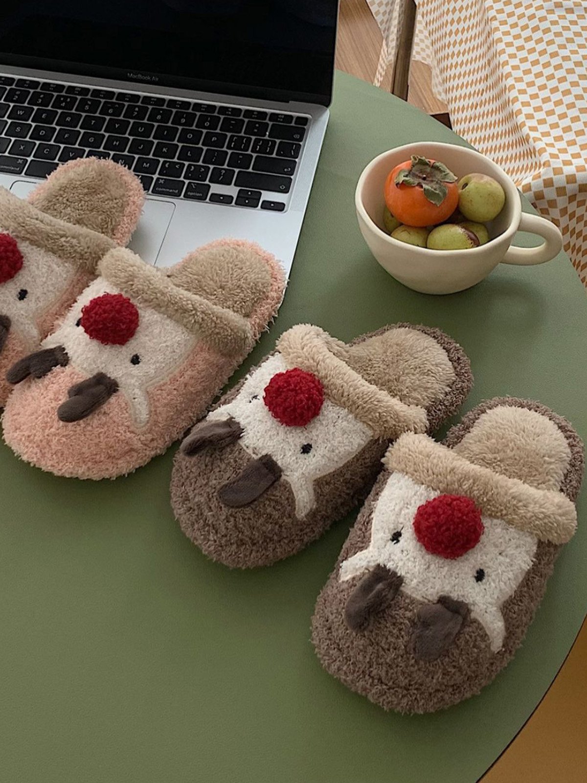 Christmas Elk Color Block Furry Slippers