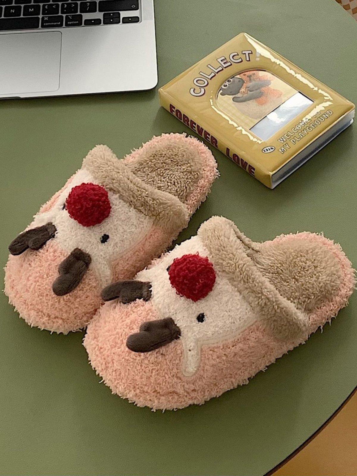 Christmas Elk Color Block Furry Slippers