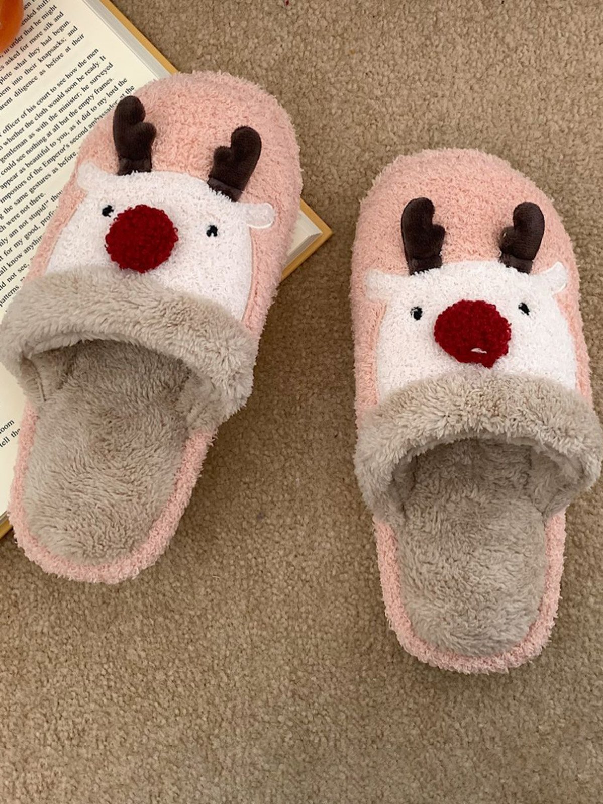 Christmas Elk Color Block Furry Slippers