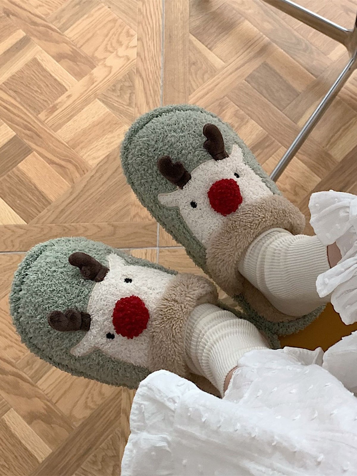 Christmas Elk Color Block Furry Slippers
