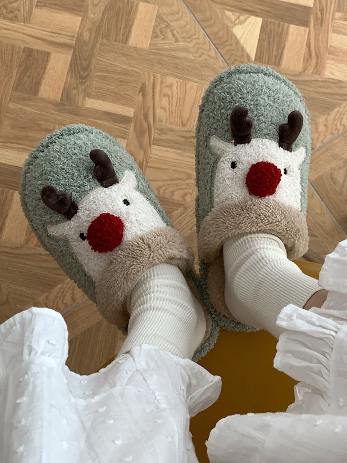 Christmas Elk Color Block Furry Slippers