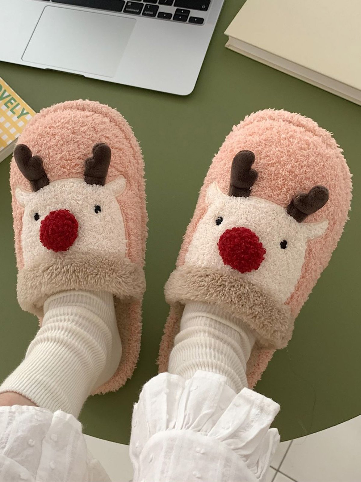 Christmas Elk Color Block Furry Slippers