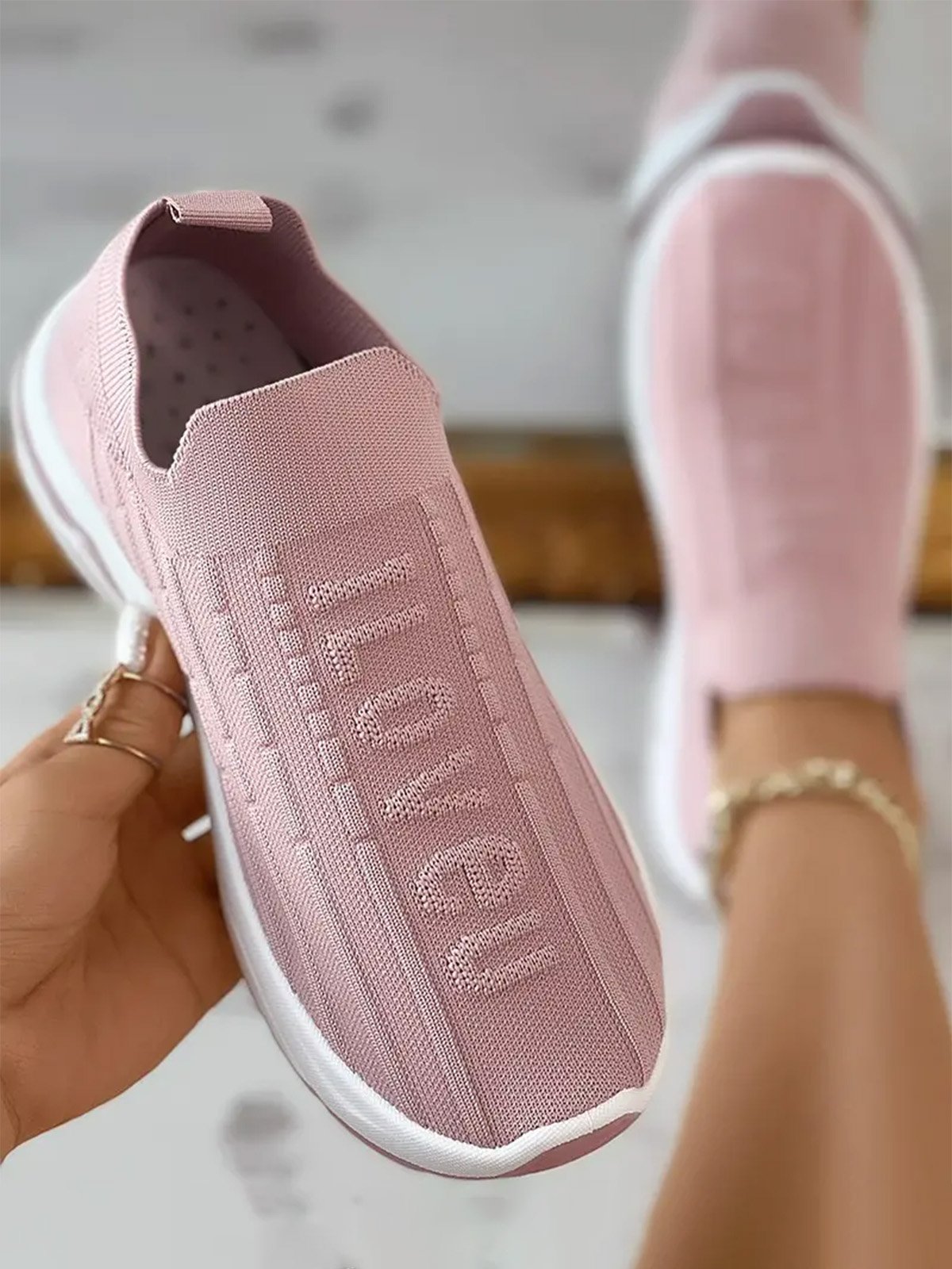 I Love U Pattern Slip On Knit Sneakers