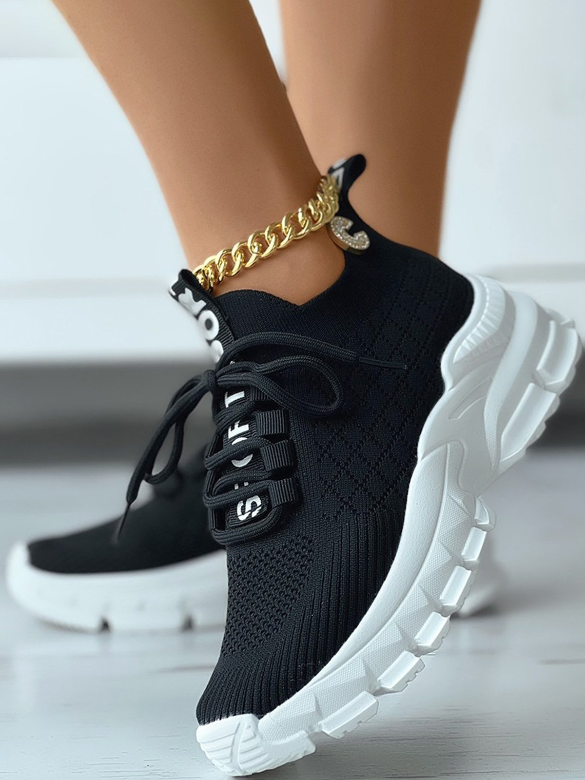 Letters Breathable Slip On Knit Sneakers