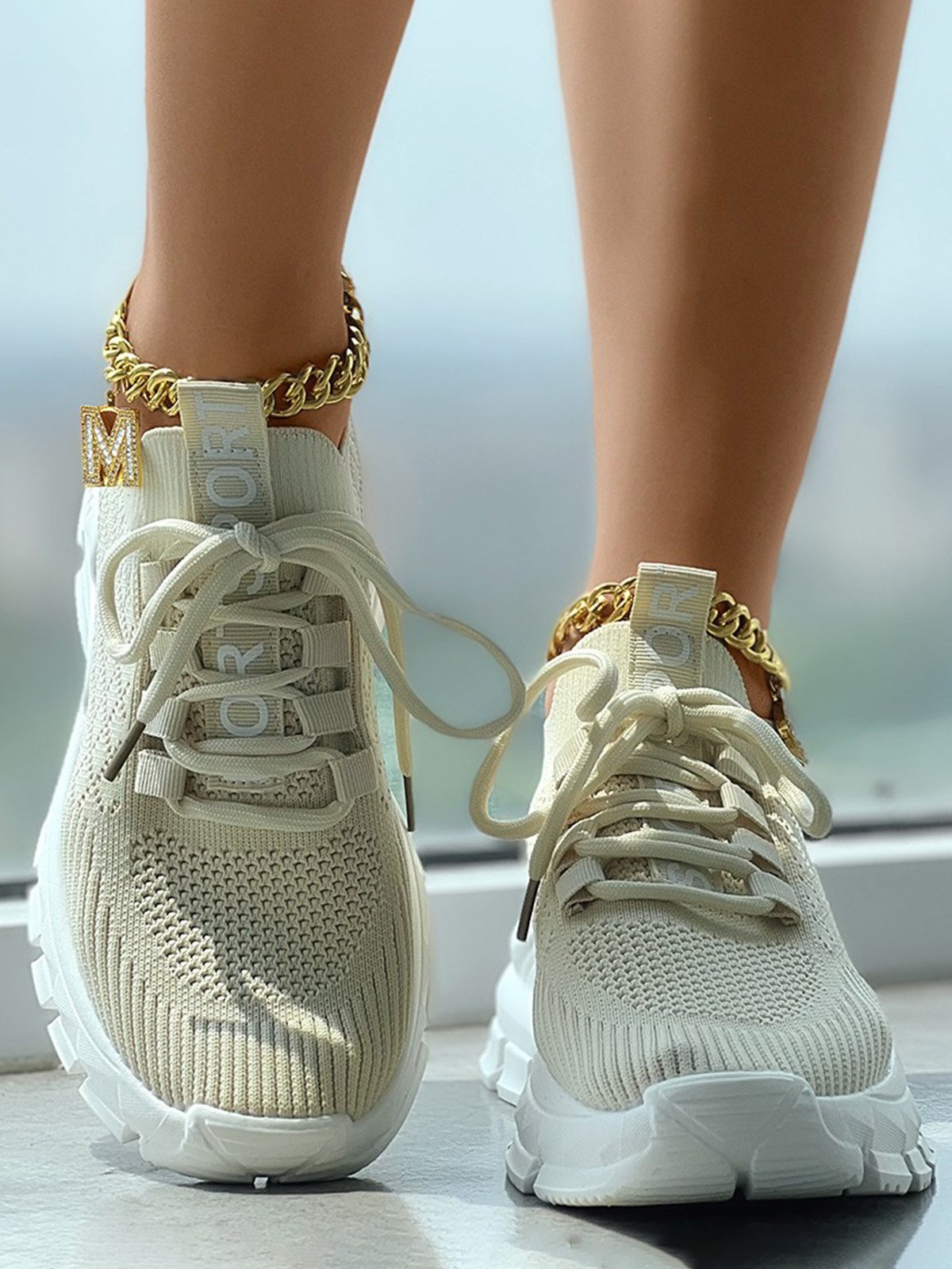 Letters Breathable Slip On Knit Sneakers